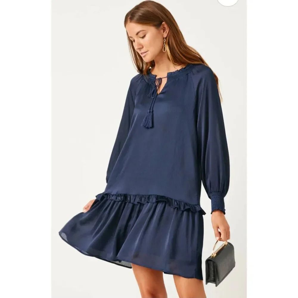 HAYDEN Navy Satin Look Smocked Cuff, Tie Neck Dress, Bottom Ruffle,NWT, Sz. S